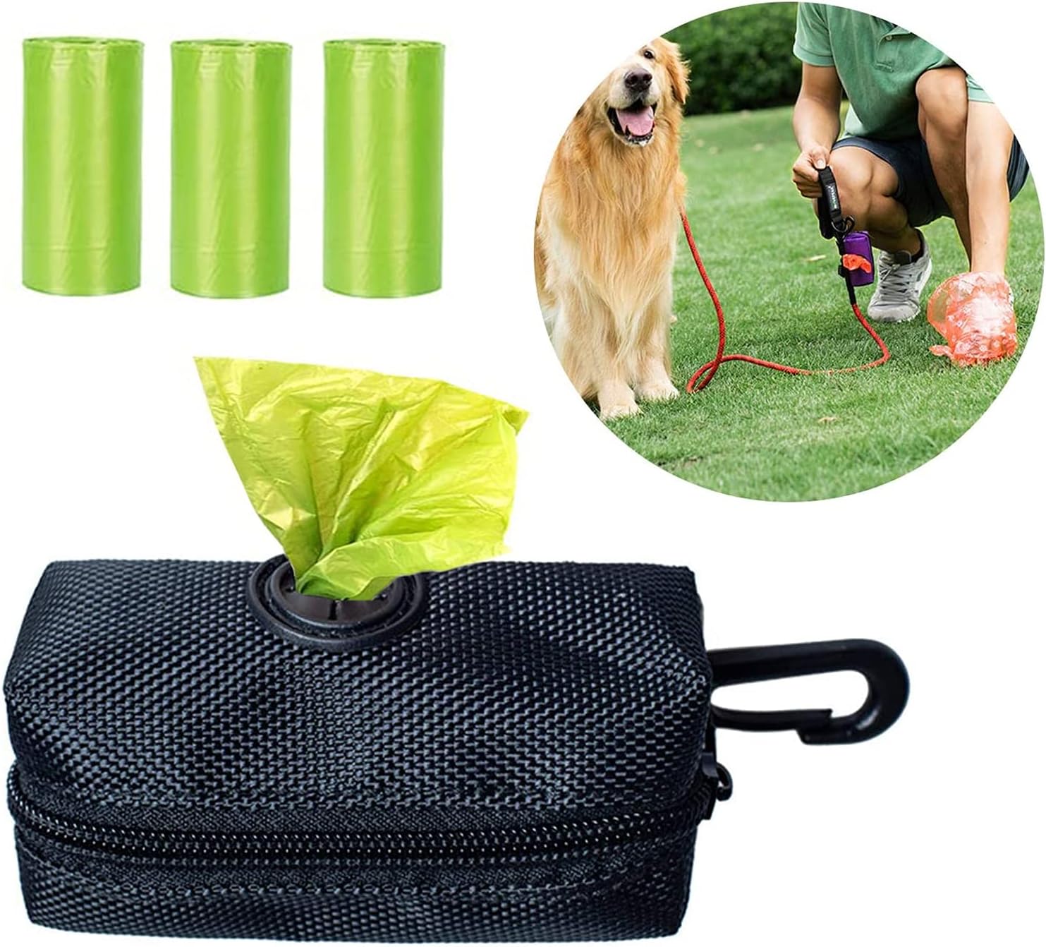 PuppyLuv Dog Poop Bag Dispenser Leash Attachment 300 Biodegradable Bags Carabiner Clip Black Blue Pink