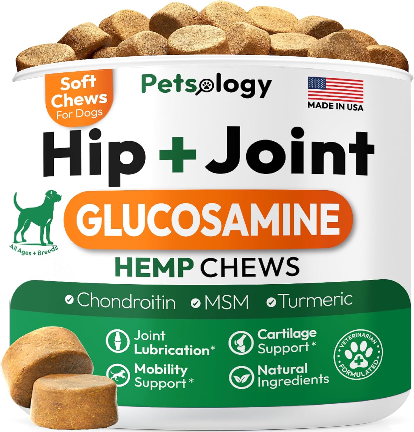 PuppyLuv Dog Hip Joint Supplement Chews Glucosamine Chondroitin MSM Turmeric 120 Count Bacon Flavor