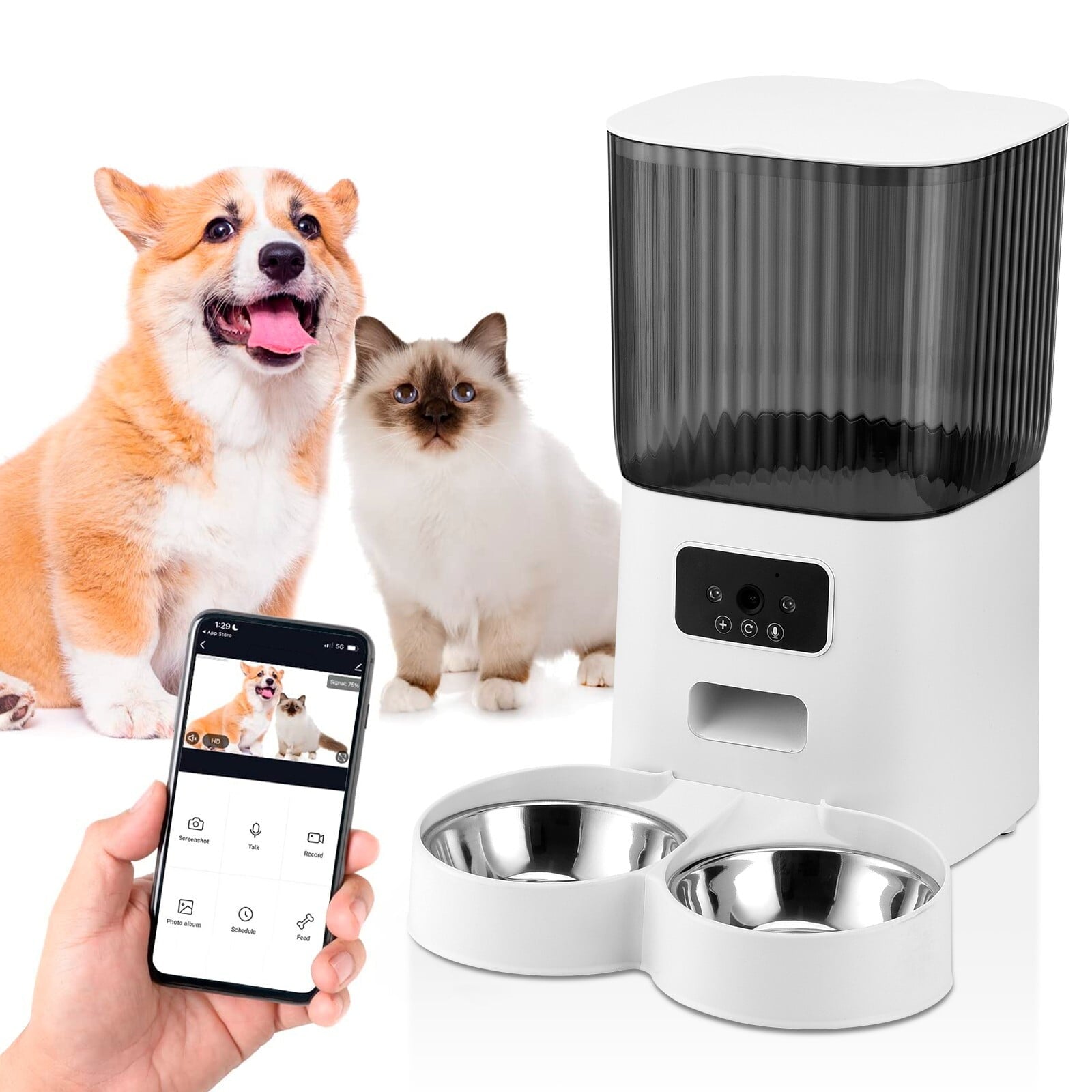 PuppyLuv Smart WiFi Automatic Pet Feeder 1080P Camera 5L App Control Two-Way Audio Alexa White Black
