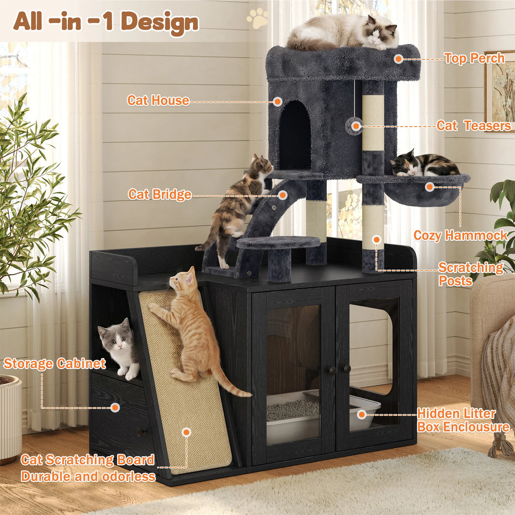 Modern 5-Level Litter Box Enclosure Cat Tree Hidden Litter B - PuppyLuv Pet Store