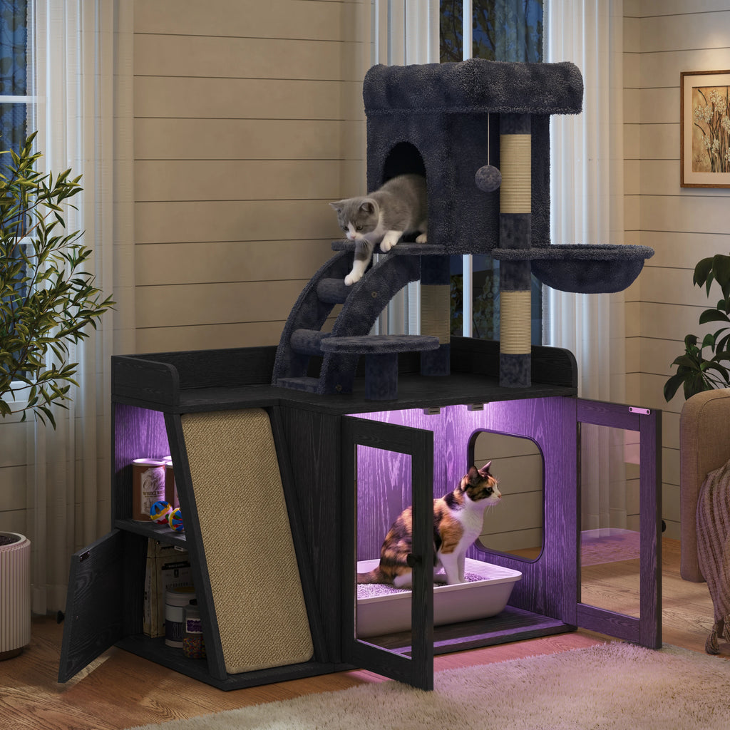 Modern 5-Level Litter Box Enclosure Cat Tree Hidden Litter B - PuppyLuv Pet Store