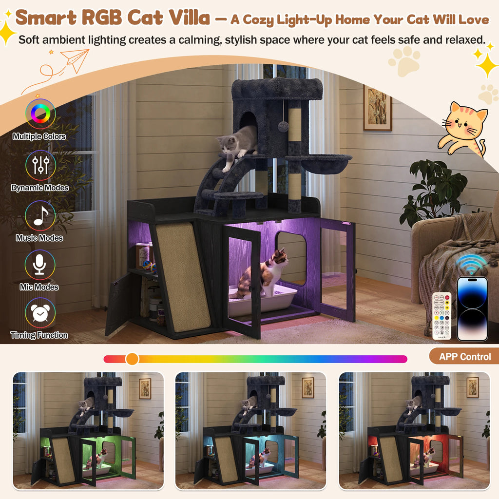 Modern 5-Level Litter Box Enclosure Cat Tree Hidden Litter B - PuppyLuv Pet Store