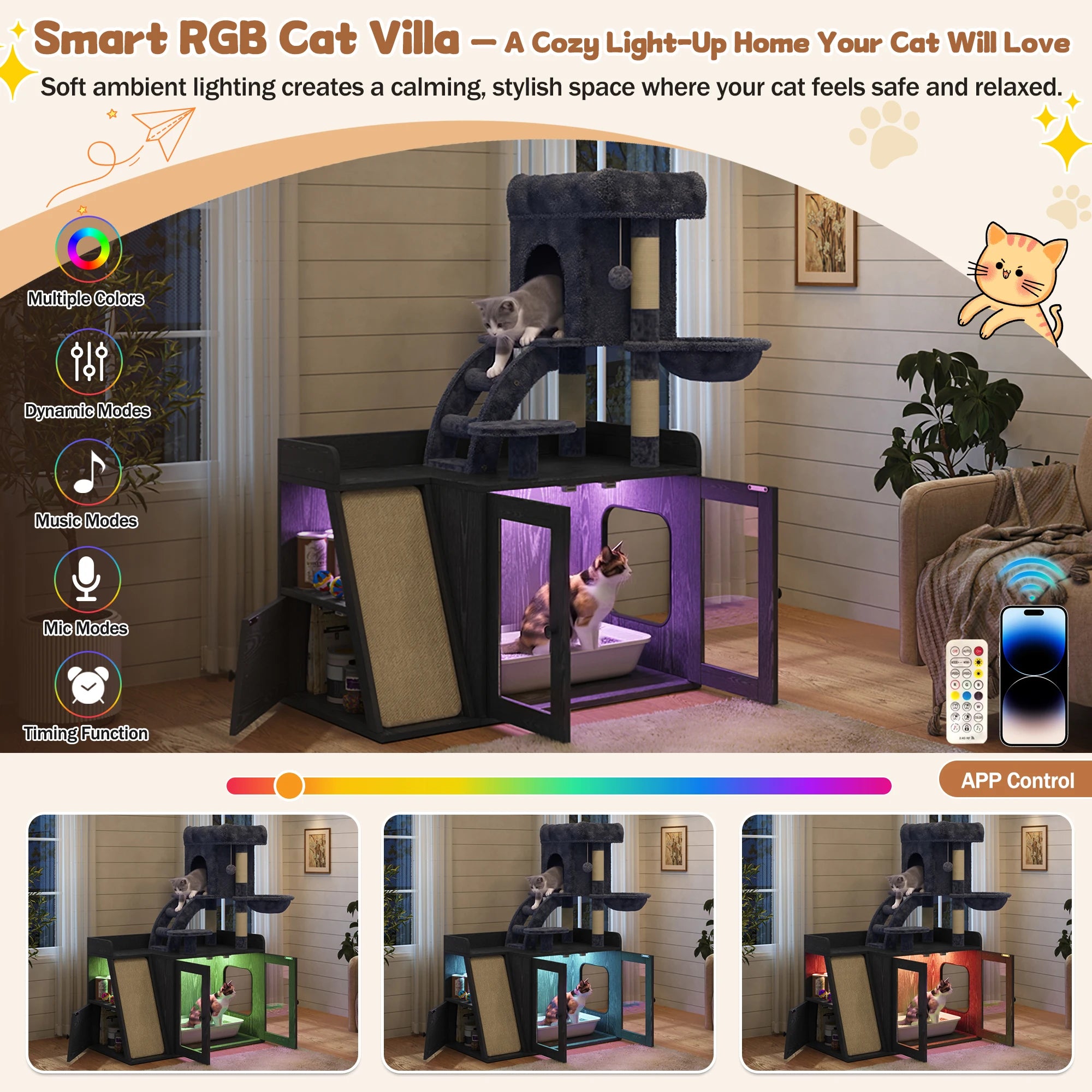 Modern 5-Level Litter Box Enclosure Cat Tree Hidden Litter B - PuppyLuv Pet Store