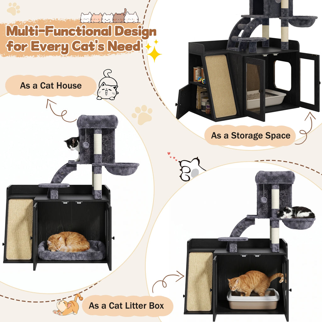 Modern 5-Level Litter Box Enclosure Cat Tree Hidden Litter B - PuppyLuv Pet Store