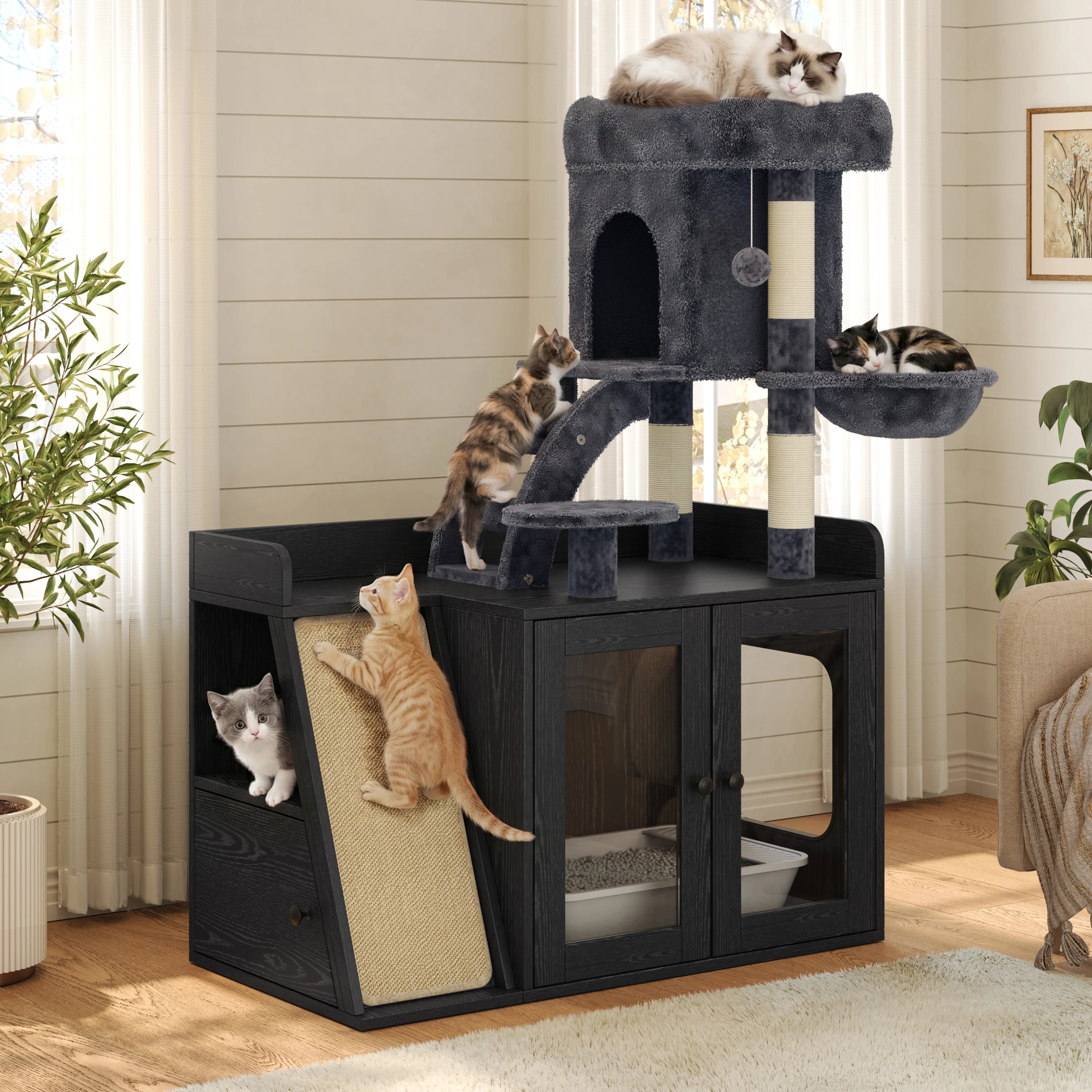 Modern 5-Level Litter Box Enclosure Cat Tree Hidden Litter B - PuppyLuv Pet Store