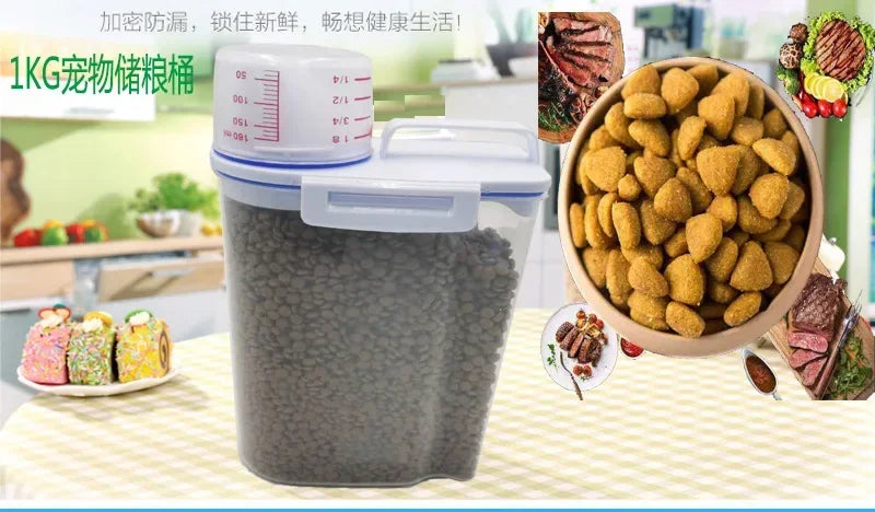 PuppyLuv Dog Cat Food Storage Container 1.5kg 2kg Plastic Pail with Measuring Cup Moisture-Proof Sealed