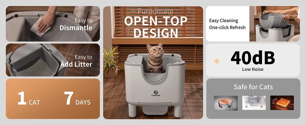 PuppyLuv F6 Self-Cleaning Litter Box Open-Top Automatic Odor Control Safety Features Easy Maintenance
