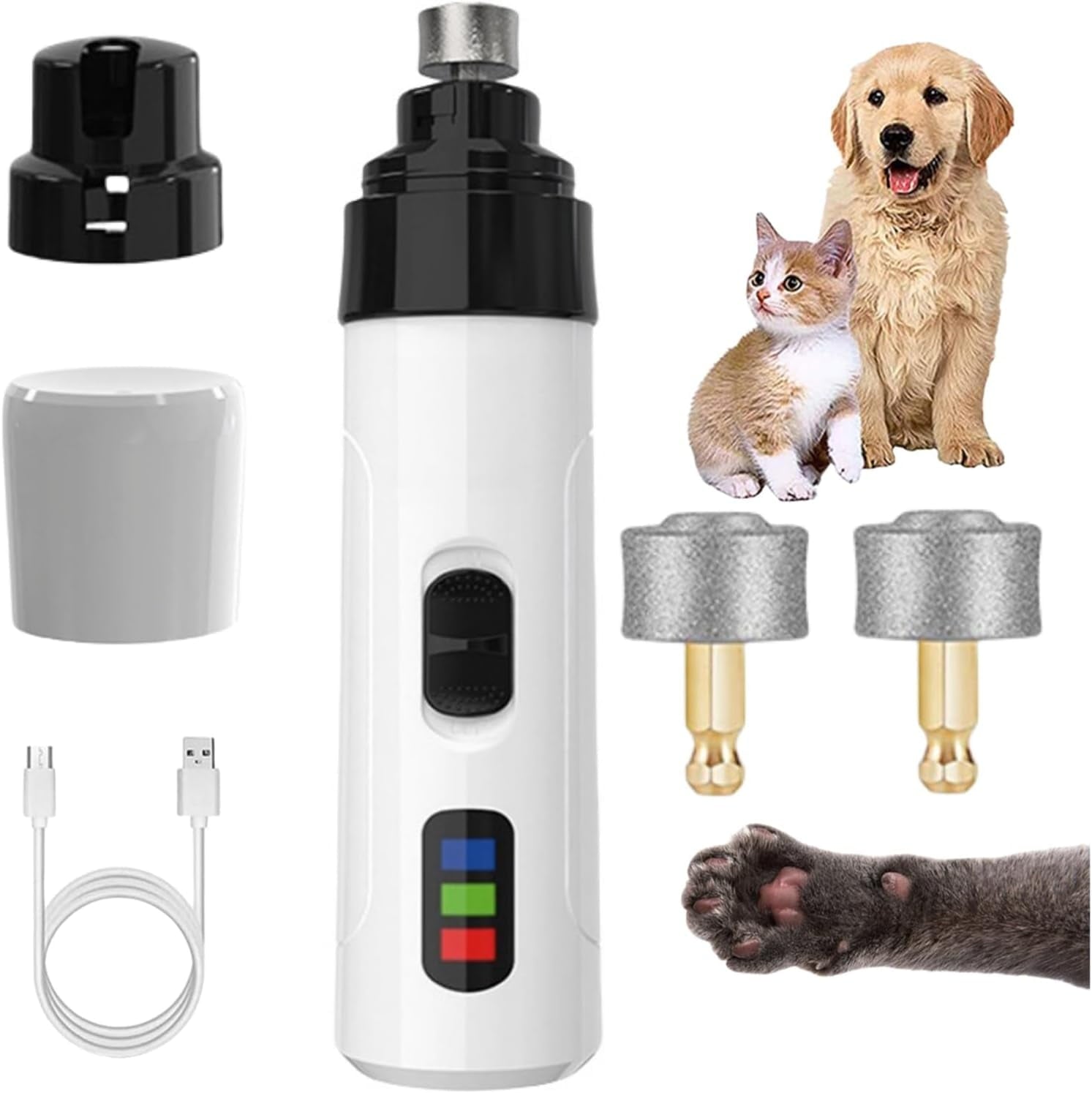 PuppyLuv Electric Pet Nail Grinder Quiet USB Rechargeable LED Light 3 Speed Dogs Cats White Pink
